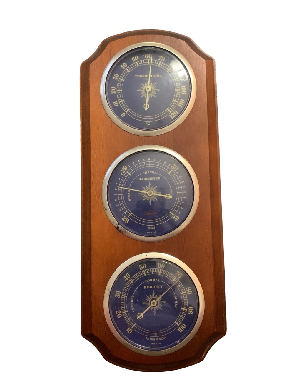 Vtg Sunbeam 3 Gage Weather Station Thermometer Barometer Humidity 15.5"x6.5"